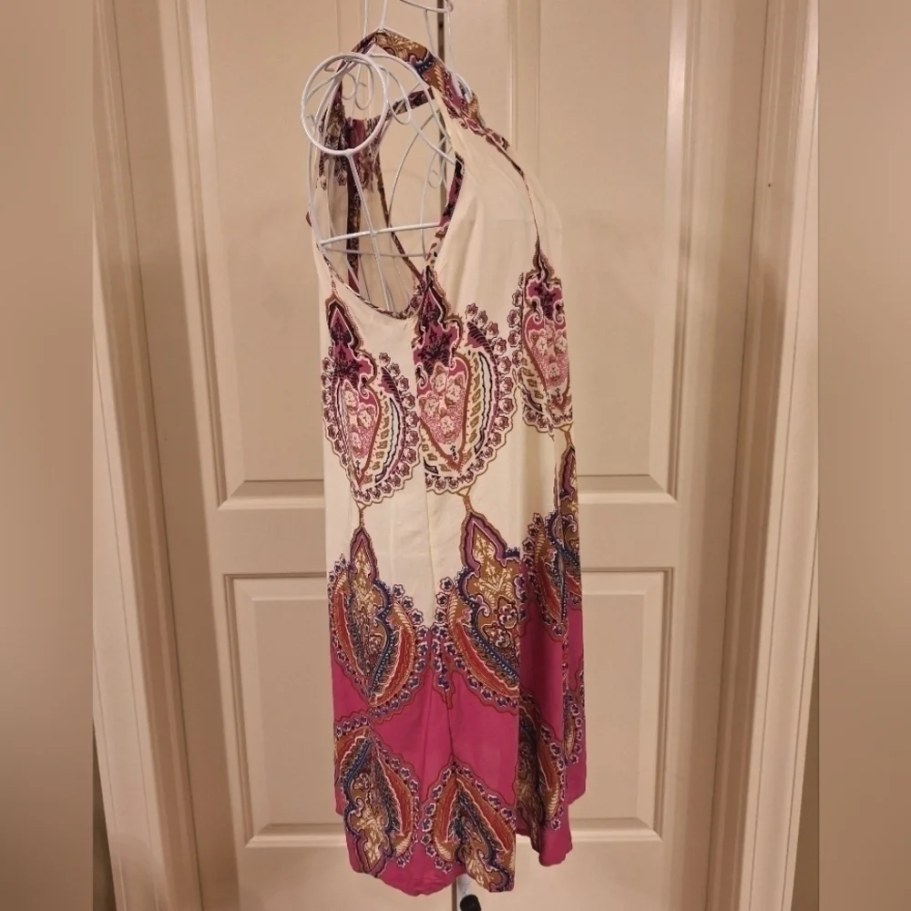 Paisley Print A-Line Swing Halter Dress MultiColor Pink Ivory Blue - Picture 4 of 6
